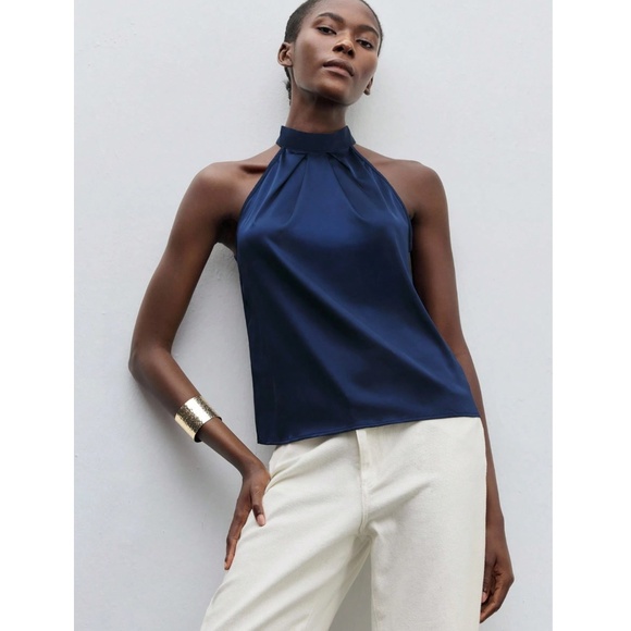 Navy Blue Satin Halter Blouse Top - Picture 10 of 14